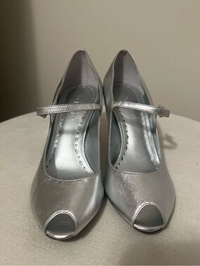BCBG Silver Peep-Toe Mary Jane Heels